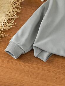 年轻女孩休闲日常通勤运动风格字母刺绣落肩宽松运动衫和直筒运动裤套装，秋季/春季 - 深灰色 - 查看 6