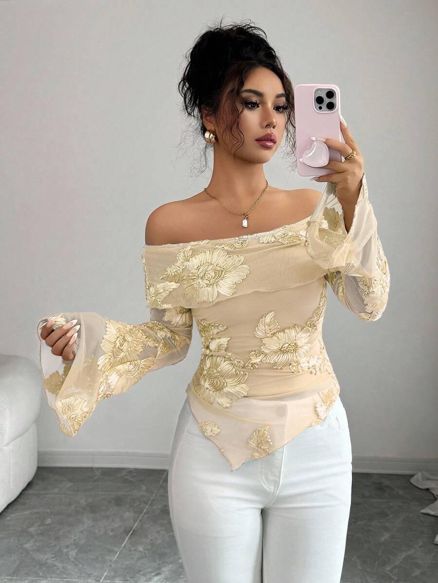 Elenzga Women's Fashionable & Elegant Off Shoulder Ruched Asymmetrical Hem Long Sleeve Floral Embroidered Mesh Blouse, Flattering Silhouette, Suitable For Dates, Spring/Summer - Apricot - View 1