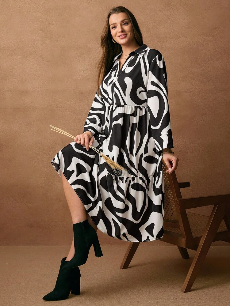 プラスサイズ カジュアル ミニマリスト ランタンスリーブ アシンメトリー柄プリント ミドル丈 ウエストシンチ ドレス