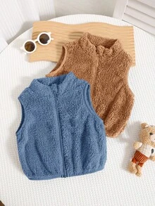 SHEIN 2pcs Baby Boy/Girl Cute Solid Color Fluffy Vest Jacket Set, Autumn/Winter Fall
