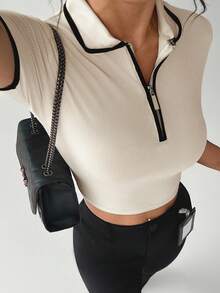 Dewbera Contrast Trim Zipper Polo Shirt - Apricot - View 5