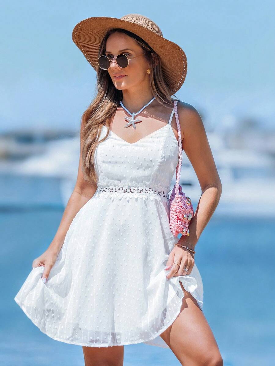 Sylviya Guipure Lace Insert Cami Dress For Summer Vacation - White - View 1