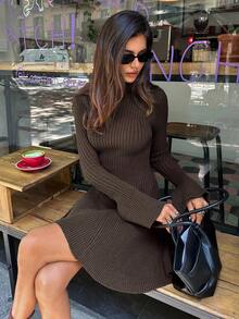 Aloruh Women's Elegant Business Commuting Daily Basic Style Old Money Style Coffee-Colored Sweater Dress Long Sleeve Brown Sweater Dress Dignified Simple Solid Color Sweater Mini Dress Coffee Color Bodycon Dress Casual Bell Sleeve Minimalist Short Sweater Dress,Fall Clothes For Women,Women's Winter Clothes - Coffee Brown - View 6