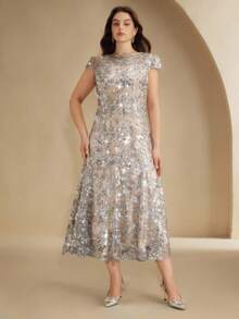 Anewsta Váy ngắn tay sequin lưới họa tiết hoa thanh lịch màu sâm panh, thích hợp mặc dự tiệc, hẹn hò, đi nghỉ dưỡng, trang phục xuân/hè - Bạc - Xem 3