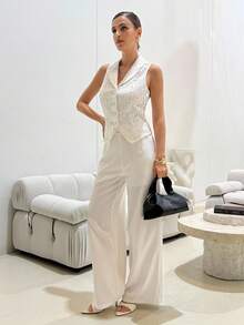 Lavishia Women's Mesh Embroidered Sleeveless Formal Elegant Top, Fashionable Design - White - View 3