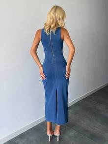 Siren Gaze 女士无袖牛仔连衣裙，修身，有弹性，蓝色 - 藍色 - 查看 2