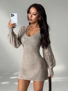 SHEIN PETITE Women Autumn/Winter Knitted Long Sleeve Sweetheart Neck Short Sweater Dress,Women's Solid Color V Neck Long Sleeve Simple Short Casual Sweater Dress, Winter Clothes For Women,Thanksgiving Outfit For Women,Brown Skirt,Casual Outfit For Women,Elegant Dresses For Ladies
