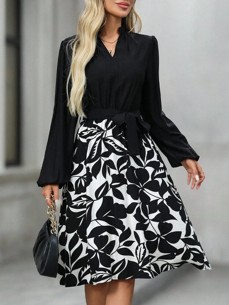 Women's Floral Print Patchwork Lantern Sleeve Midi Dress Fall Clothes For Women Black And White Floral Dress Long Sleeve Black And White Dress Black Floral Print Dress Elegant Black And White Dress Going Out Dress Graduation Dresses For Ladies Chic Dress