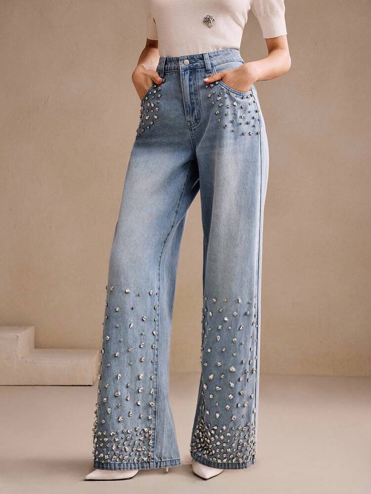 Luxury Embellished Rhinestone Women's Blue Jeans