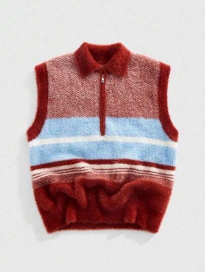 ROMWE MEN Casual 男士条纹拉链半襟休闲针织背心，秋冬