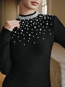 Anewsta 秋季高领露背绷带连衣裙，女士性感束腰露背蝴蝶结派对长裙 - 黑色 - 查看 6