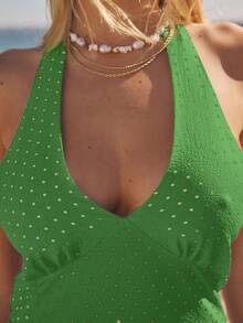 Aralina Women's Sexy Deep V Polka Dot Print Halter Midi Dress, Vacation