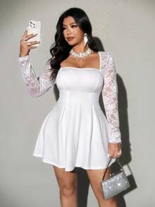 Viva Relle Vestido mini de línea A con volantes en el bajo, de mangas largas con hombros descubiertos, con detalles de encaje y lazo en la parte delantera, elegante, dulce y sexy, para mujer de talla grande, apto para fiestas, cumpleaños, eventos formales, regreso a casa y San Valentín. - Blanco - Ver 3