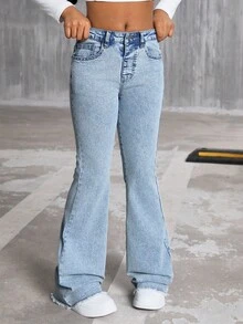 SHEIN Streecool Kids Girls' Retro High Waist Washed Blue Flared Jeans, Children Elastic Slim Fit Frayed Hem Design Denim Flared Pants, Suitable For Casual Outings And Outdoor Wear Fall Winter