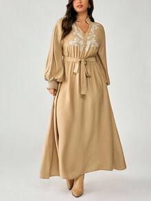 EMERY ROSE Beige Autumn Boho Vacation Cotton Linen Cinched Waist Lantern Sleeve A-Line Loose Gown - Khaki - View 3