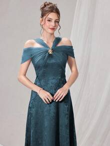 Poshira Váy dạ hội lệch vai thanh lịch lãng mạn thời trang dành cho nữ - màu xanh lá - Xem 6