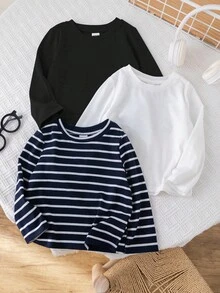 SHEIN 男婴三件套春秋季黑白条纹纯色圆领长袖上衣，柔软舒适，休闲百搭，适合居家及户外穿着，时尚秋冬款 - 彩色 - 查看 7