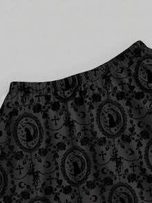 ROMWE Gothic Dark Palace Mysterious Black Cat Cross Vine Rose Sun Moon Star Full Print Women Skirt - Black - View 3