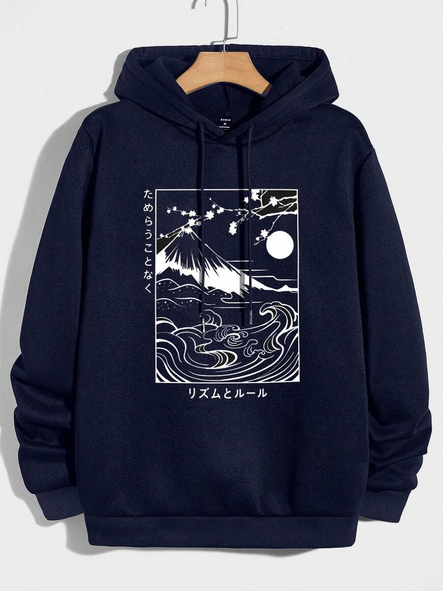 EURMUSE Áo hoodie có dây rút in chữ và núi Nhật Bản 100% Cotton dành cho nam - Màu xanh hải quân - Xem 1