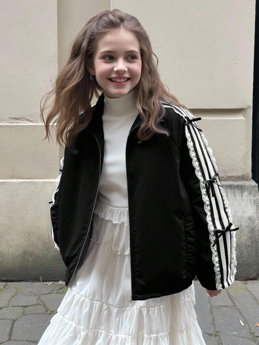 SHEIN Girls' Fashion Sweet Side Ribbon Bow Zip-Up Jacket, Suitable For Spring And Autumn Fall Winter - Black - View 1