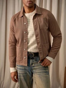 Manfinity Homme Casual Khaki Loose Cargo Denim Jacket, Spring/Summer Cowboy Western Regular Washed Pocket For Work - Khaki - View 1