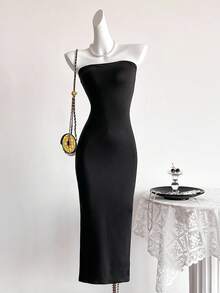 SHEIN Teen Girls Strapless Slit Snug Fit Dress, Fashionable , Fitted Design, High Waist Slit, Suitable For Parties - Black - View 1