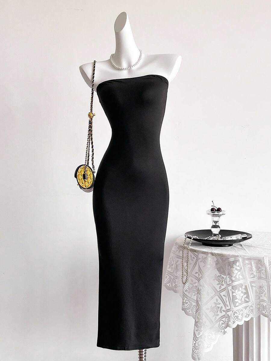 SHEIN Teen Girls Strapless Slit Snug Fit Dress, Fashionable , Fitted Design, High Waist Slit, Suitable For Parties - Black - View 1