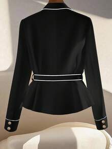 GlowEve 女士优雅撞色饰边腰带西装外套，简约杏色，高品质通勤风格，纯色百搭长袖夹克 - 黑色 - 查看 2