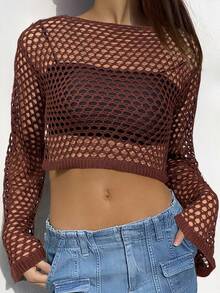 SHEIN EZwear Casual Loose Knit Sweater With Large Mesh Design - Brown - View 6