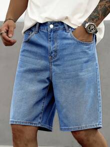 Manfinity Homme Pantalones cortos vaqueros de pierna ancha de unicolor simple para hombres con bolsillos - Azul lavado medio - Ver 1