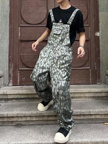 Manfinity EMRG 男士时尚金属印花牛仔背带裤 - 橄欖綠 - 查看 5