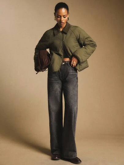 Poéselle Abrigo acolchado con estampado de cuello de color contrastante y decoración de botones vintage para mujer