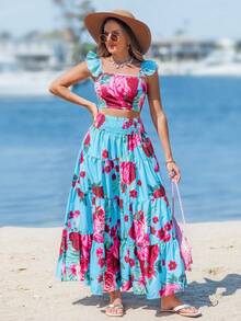 Sylviya 花卉印花荷叶边短款上衣和层叠荷叶边下摆半身裙 - 彩色 - 查看 3