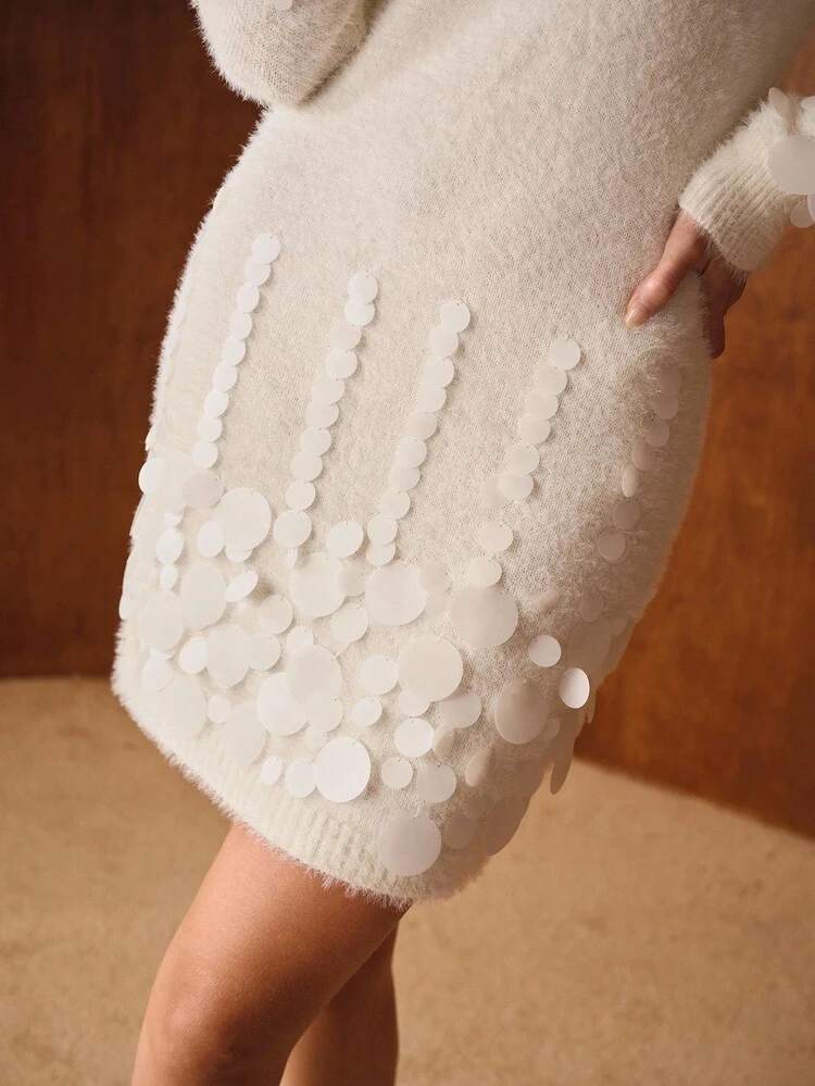 SEQUIN EMBELLISHED SHORT LONG SLEEVE KNIT DRESS, AUTUMN/WINTER