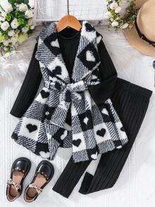 SHEIN Elladie kids 年轻女孩心格子蓬松翻领无袖夹克，圆领长袖 T 恤和裤子休闲装，秋冬秋季服装 - 黑色 - 查看 3