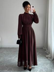 Elenzga 女士休闲、通勤、度假、下午茶、派对纯色棕色雪纺立领宽松交叉系带腰部 A 字形蝴蝶结衬里长袖长裙，春/秋/冬 - 棕色 - 查看 4