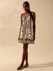 CAJUNI 女式波西米亚热带黑白印花细肩带 V 领露背短裙，夏季度假休闲沙滩裙 - 棕色 - 查看 7