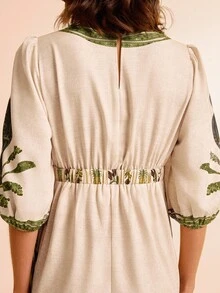 CAJUNI 女士度假杏色亚麻面料鹦鹉、菠萝、热带水果和花卉印花 V 领泡泡袖收腰哈伦裤，夏季度假海滩派对休闲连体裤 - 彩色 - 查看 6