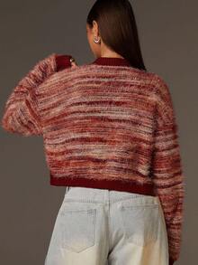 Athîral Women's Soft Plush Wine  Red Color-Block Striped Crochet Cardigan,  French Style, Vintage Style, Suitable For Commuting,Casual Everyday Wear,Autumn/Winter