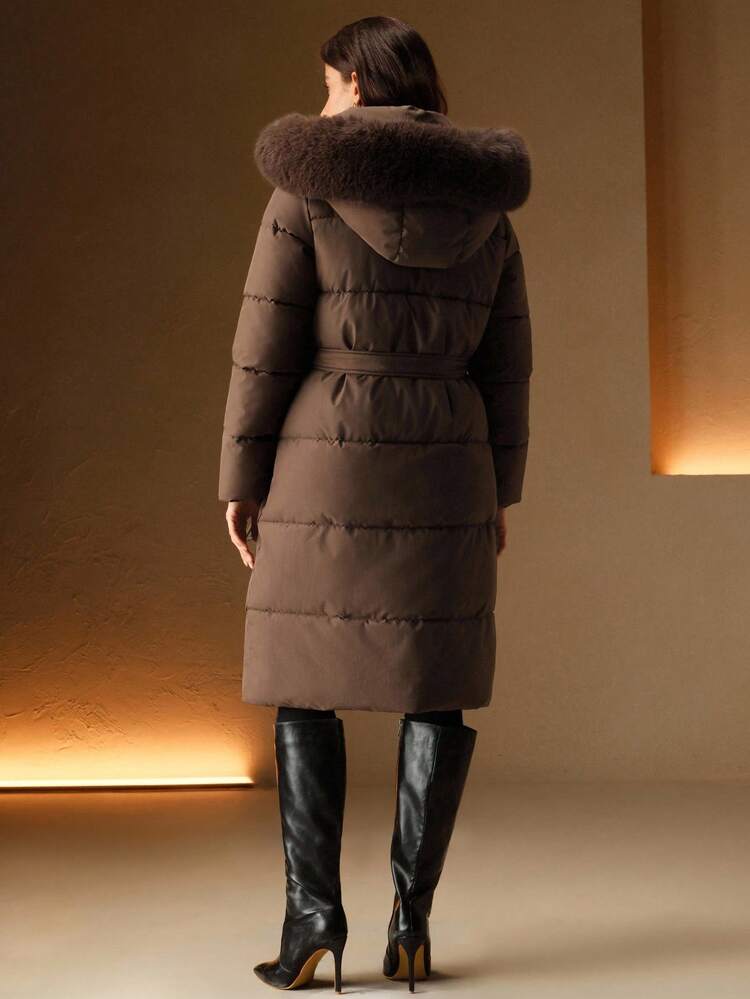 Anewsta Essential Women's Fashionable Casual Coffee Color Long Cinched Waist Waist Hooded Detachable Faux Fur Collar Zip-Up Padded Coat