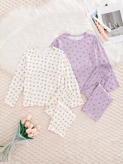 2pcs/Set Ditsy Floral Young Girl Girls Casual Cardigan With Ruffle Trim & Long Pants Loungewear, Spring/Autumn Floral Print Pajama Set Fall Winter