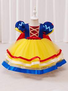 Glamorique Kids Váy công chúa vải tuyn cho bé gái, váy dự tiệc sinh nhật, váy tutu tay bồng viền vàng satin xanh navy cho bé gái, váy dễ thương cho biểu diễn sân khấu - Màu vàng - Xem 1