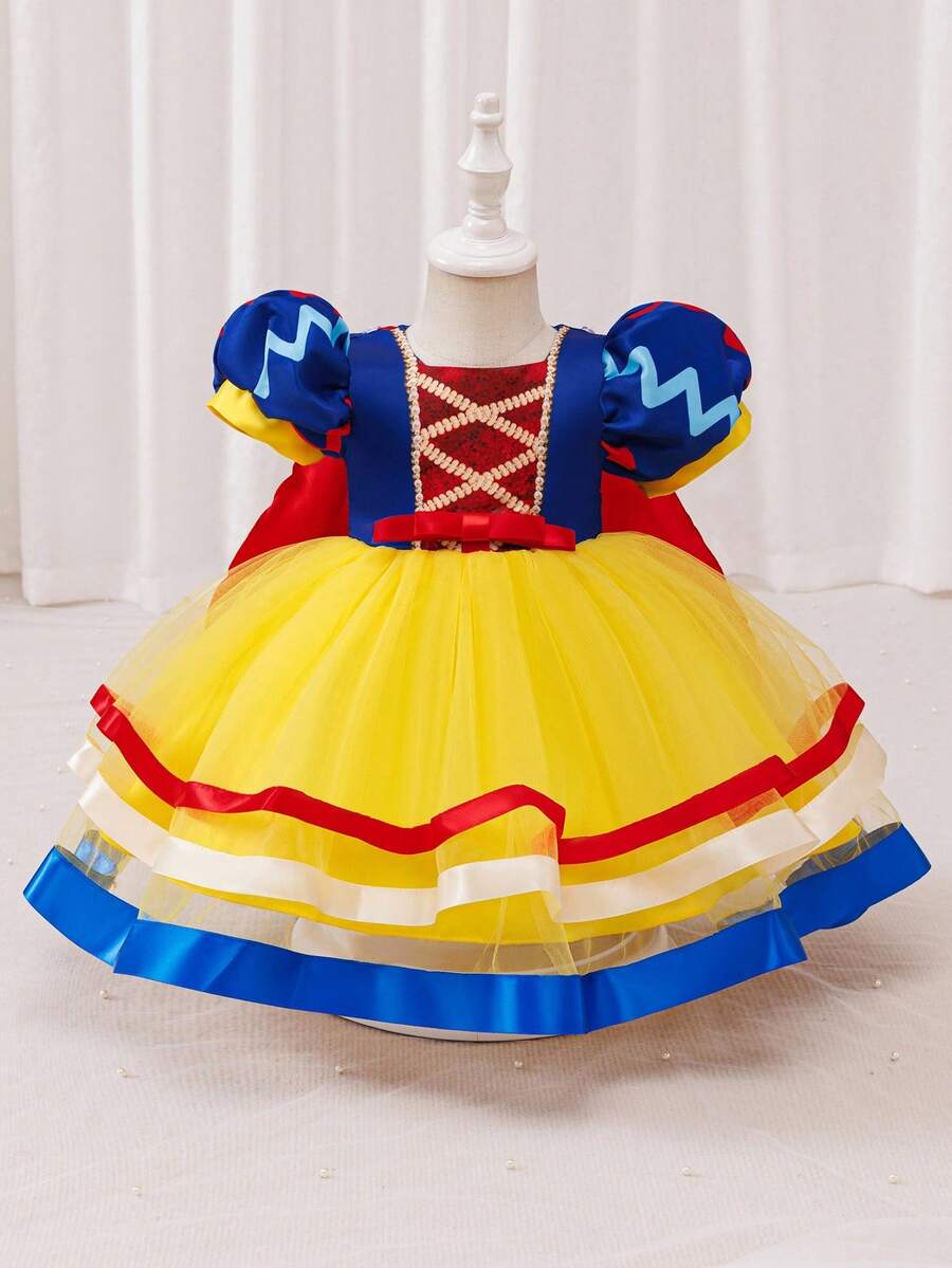 Glamorique Kids Váy công chúa vải tuyn cho bé gái, váy dự tiệc sinh nhật, váy tutu tay bồng viền vàng satin xanh navy cho bé gái, váy dễ thương cho biểu diễn sân khấu - Màu vàng - Xem 1