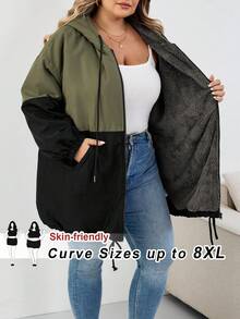 SHEIN CURVE+ Plus Size Women's Contrast Color Hooded Loose Jacket For Autumn And Winter Fall/Autumn /Winter - Multicolor - View 4