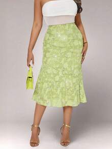 Elenzga Falda verde elegante de mujer con diseño de cola de sirena en jacquard y decoración con lentejuelas, para otoño - Verde - Ver 3