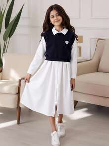 SHEIN 2 件套 青少年女孩休闲前扣长袖连衣裙和无袖心形印花上衣套装 - 白色 - 查看 3