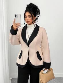 Elenzga Abrigo de cintura de contraste de estilo retro y elegante para mujeres de talla grande, prenda de vestir de otoño para mujeres - Albaricoque - Ver 4