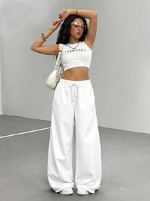 SHEIN 少女宽松弧形腿运动裤，休闲时尚百搭慢跑裤，适合跳舞、上学、运动 - 白色 - 查看 6