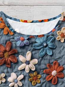 EMERY ROSE 大码女装日常休闲优雅复古度假风热带仿羊毛花卉图案圆领双层小飞袖宽松衬衫，女装夏装，女 - 藍色 - 查看 4