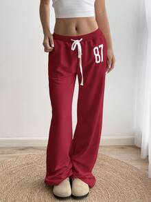 Sunnyshic 灰色 87 刺绣低腰腰带撞色罗纹抽绳系带斜口袋直腿宽松休闲运动裤，适合居家、日常穿着、复古运动、极简设计、春夏 - 酒紅色 - 查看 6